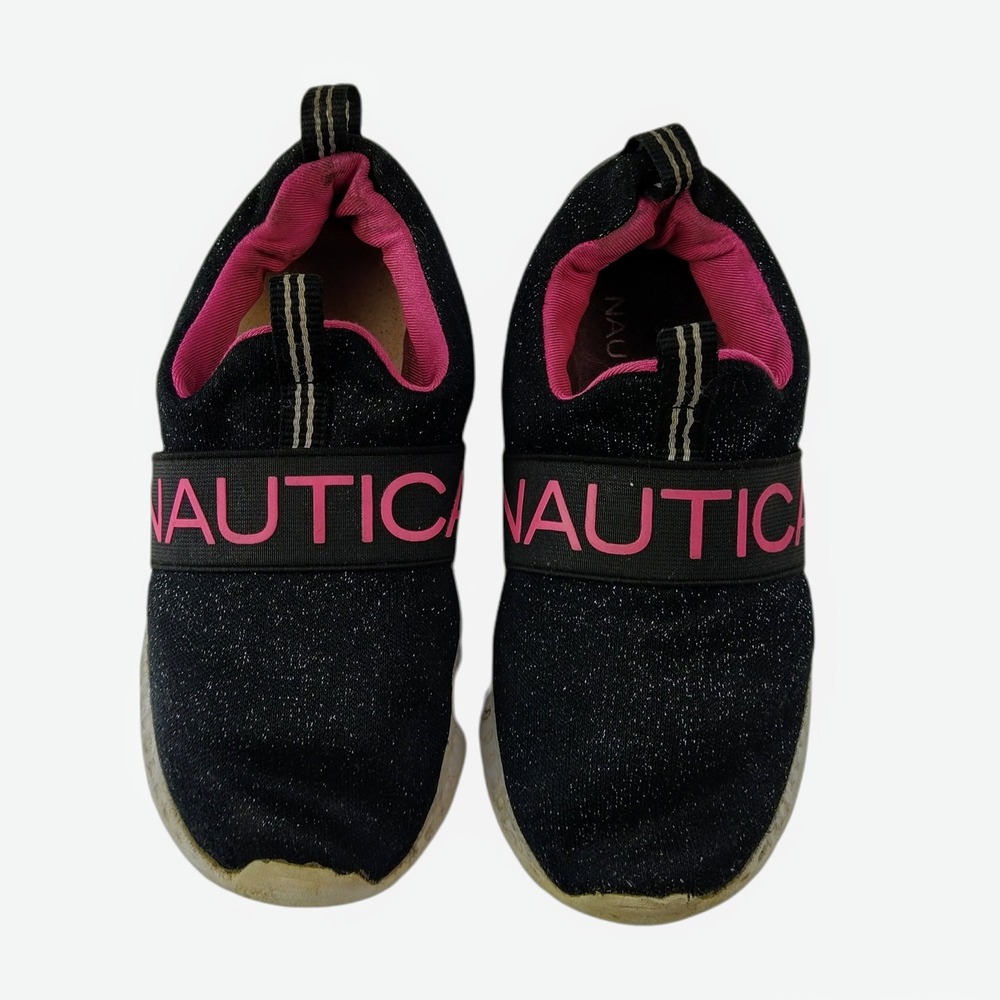 Nautica Sneakers Kids Girls Sz 12 Black Pinkโ Glitter Slip On Elastic Logo Strap